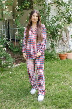 Long-Sleeved Women's Pajama Set in Patriotic Gingham
