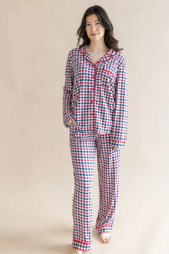 Long-Sleeved Women's Pajama Set in Patriotic Gingham