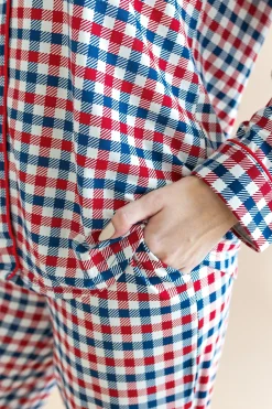 Long-Sleeved Women's Pajama Set in Patriotic Gingham
