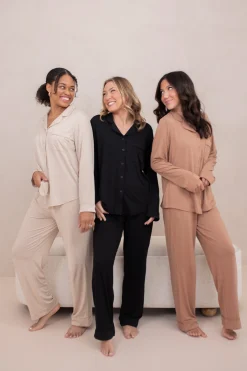 Long-Sleeved Women's Pajama Set in Latte with Latte Trim