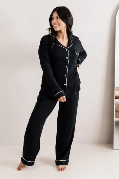 Long-Sleeved Women's Pajama Set in Midnight with Cloud Trim