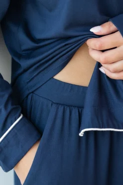 Long-Sleeved Women's Pajama Set in Navy with Cloud Trim