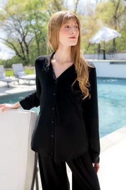 Long-Sleeved Women's Pajama Set in Midnight with Midnight Trim