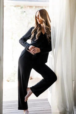 Long-Sleeved Women's Pajama Set in Midnight with Midnight Trim