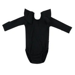 Ribbed Long Sleeve Ruffle Leotard in Midnight