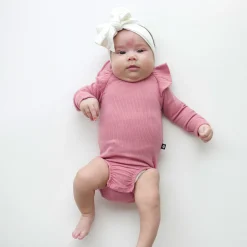 Ribbed Long Sleeve Ruffle Leotard in Apple Blossom