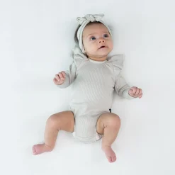 Ribbed Long Sleeve Ruffle Leotard in Oat