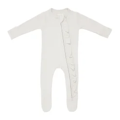 Ribbed Ruffle Zipper Footie in Oat
