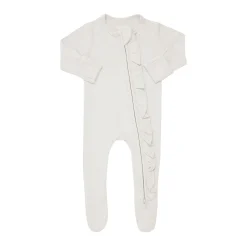Ribbed Ruffle Zipper Footie in Oat