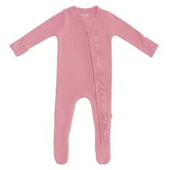 Ribbed Ruffle Zipper Footie in Apple Blossom
