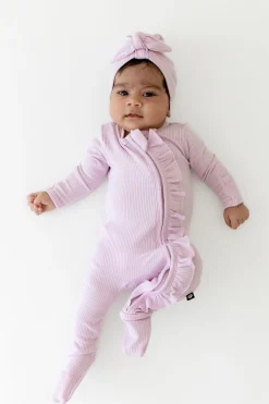Ribbed Ruffle Zipper Footie in Thistle