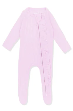 Ribbed Ruffle Zipper Footie in Thistle