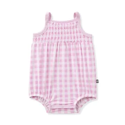Smocked Bubble Romper in Gingham Thistle