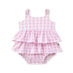 Spaghetti Strap Ruffle Romper in Gingham Thistle