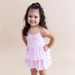 Spaghetti Strap Ruffle Romper in Gingham Thistle