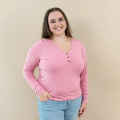 Women's Long Sleeve Henley Tee in Apple Blossom