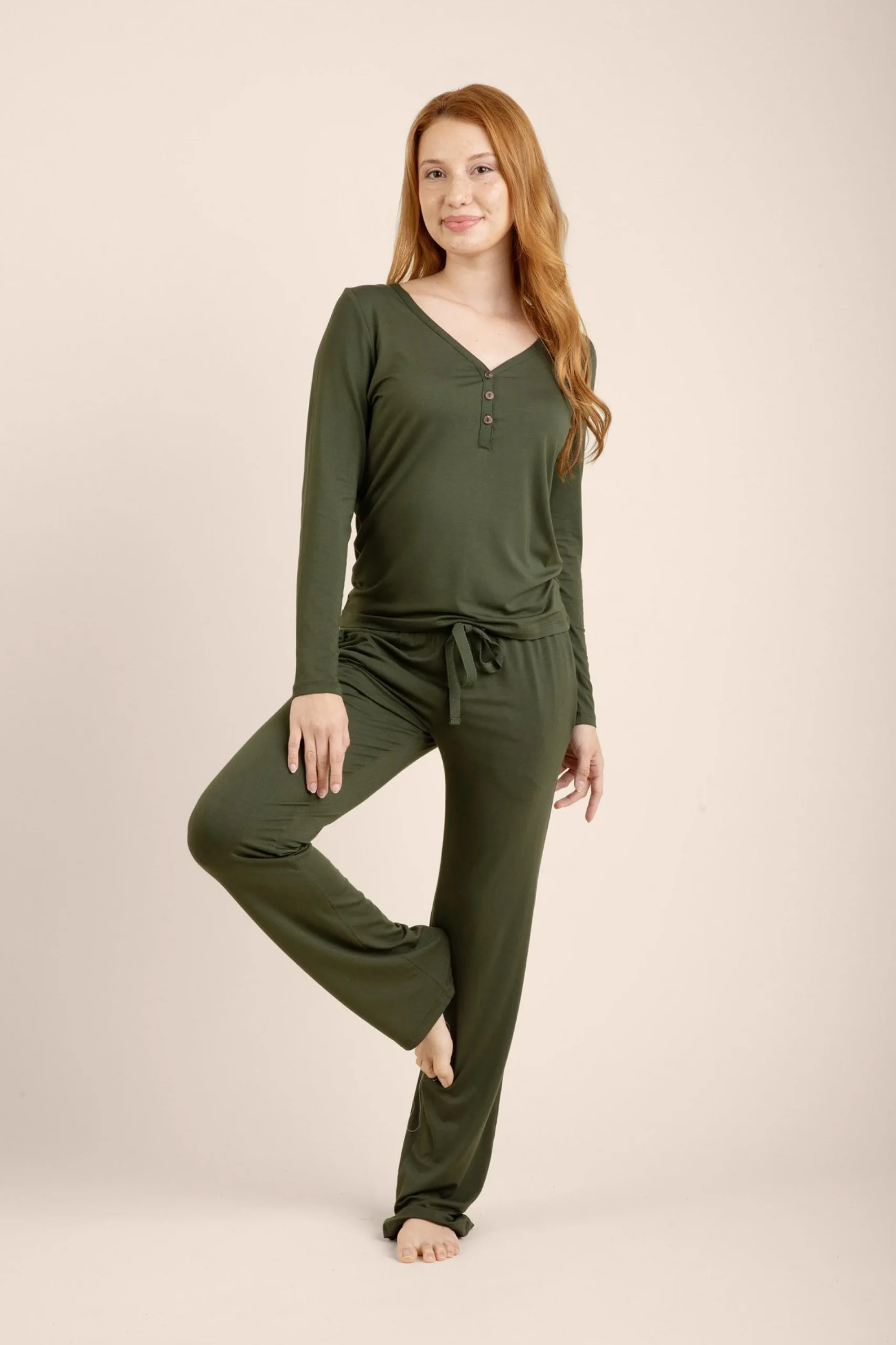 Women's Long Sleeve Henley Tee in Fir