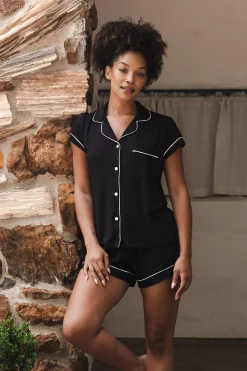 Women’s Short Sleeve Pajama Set in Midnight with Cloud Trim