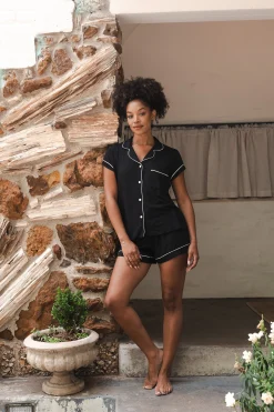 Women’s Short Sleeve Pajama Set in Midnight with Cloud Trim